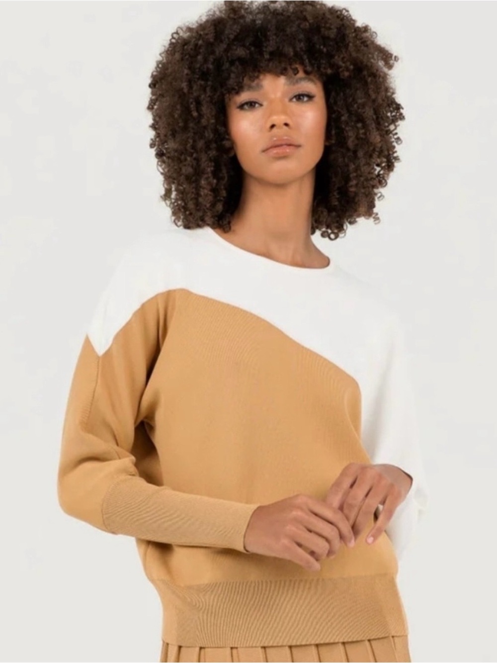 Aleeza Paris Crewneck Colorblock Sweater in White and Camel